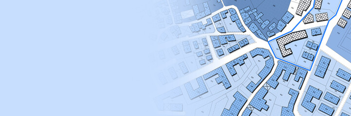 Imaginary cadastral map of territory with buildings, roads and land parcel - concept illustration with copy space