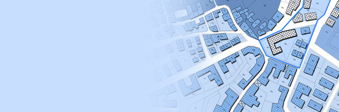 Imaginary Cadastral Map Of Territory With Buildings, Roads And Land Parcel - Concept Illustration With Copy Space