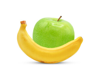 Green apple and banana isolated on white background.