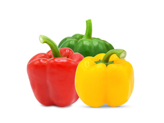 Three red yellow green bell peppers isolated on white background.