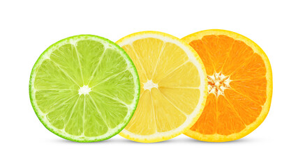 Half of fresh lime lemon and orange isolated on white background.