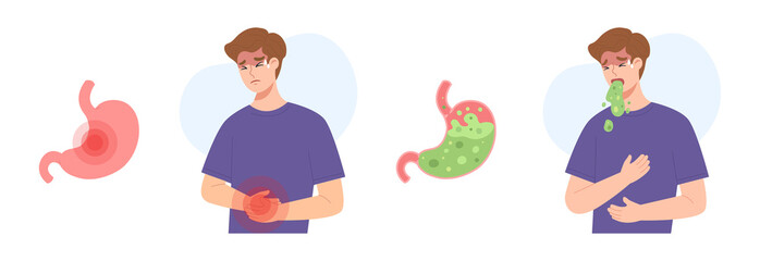 Sick male with stomachache symptoms. Stomach pain and vomit because of food poisoning. Concept of gastric disease, health care and medicine, digestive illness, nausea. Flat vector illustration. - obrazy, fototapety, plakaty