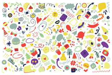 Vector line art Doodle cartoon set of objects and symbols. Doodle. Use for concept design. All objects are separated. Vector illustration