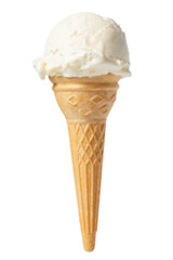 waffle cone with white ball of ice cream isolated on white background, close up