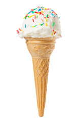 wafer cone with white scoop of ice cream and colorful sprinkles isolated on white background, close...