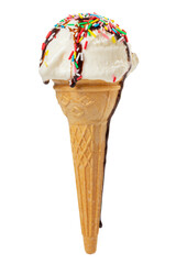 waffle cup with white scoop and chocolate glaze strewed sprinkles  of ice cream isolated on white background, close up