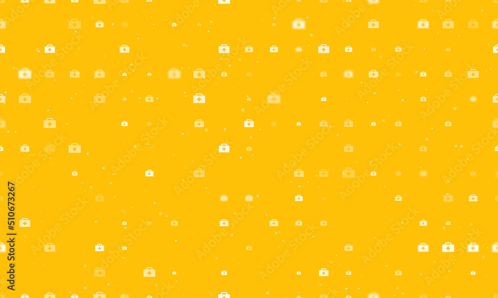 Poster seamless background pattern of evenly spaced white first aid symbols of different sizes and opacity.