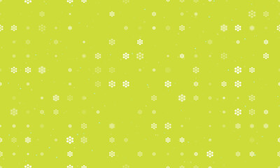 Seamless background pattern of evenly spaced white hive symbols of different sizes and opacity. Vector illustration on lime background with stars