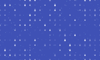 Seamless background pattern of evenly spaced white Christmas trees of different sizes and opacity. Vector illustration on indigo background with stars