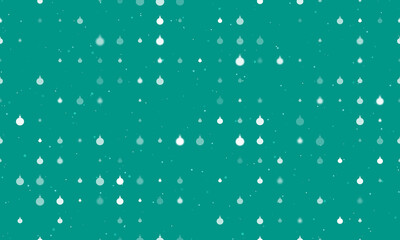 Seamless background pattern of evenly spaced white Christmas tree toys of different sizes and opacity. Vector illustration on teal background with stars