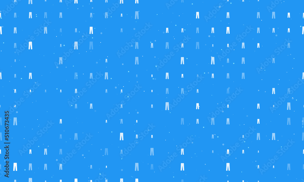Poster Seamless background pattern of evenly spaced white pants symbols of different sizes and opacity. Vector illustration on blue background with stars