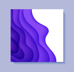 Abstract background in paper cut style. 3d white and purple colors waves with smooth shadow. Vector card illustration with layered curved line shape. Squared composition of liquid layers in papercut