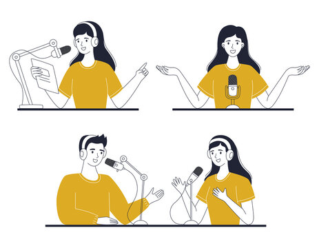 Set of people talking into a microphone, recording a podcast. A woman interviews a man. A cute girl hosts a radio broadcast, an online show, read news. Outline vector illustrations isolated on white