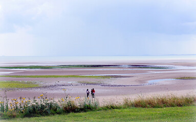 People walking along the sandy beach at low tide.