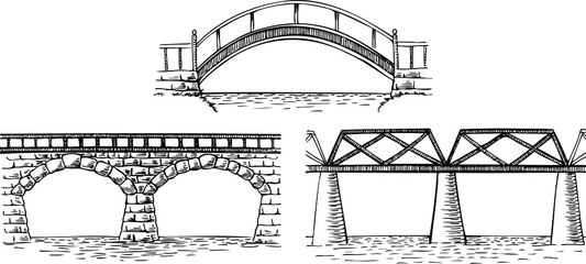 A set of hand-drawn vector illustrations. Bridges. 
