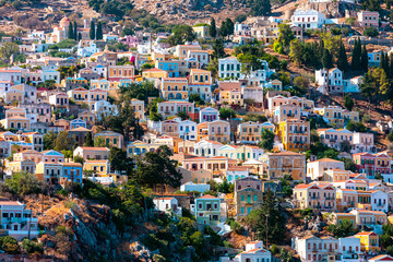 Fototapeta premium View of traditional colorful houses on Symi island, Greece, Dodecanese