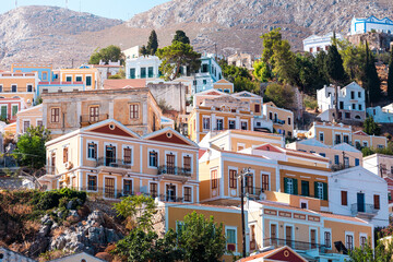 View of traditional colorful houses on Symi island, Greece, Dodecanese