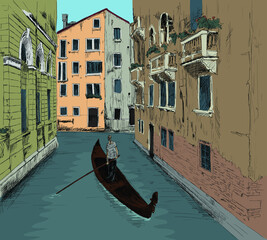 Fototapeta na wymiar Scenery of the old city of Venice. landscape with canal, old buildings and a boat. Pencil sketch.