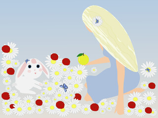 Girl in a clearing with flowers and a hare, vector. Summer landscape with daisies and butterflies in the meadow. A girl in a blue dress with blond hair sits in a clearing.