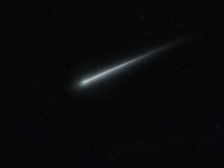 Meteor glowing trail in the atmosphere. Bright meteorite in the night sky. Beautiful falling star.