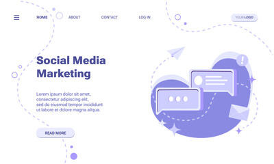 Social media marketing landing page template. Concept of network advertising, internet marketing. Vector illustration of smm with isometric message bubble with icons for social media app