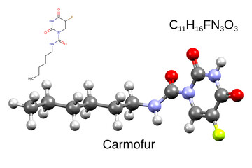 Chemical formula, skeletal formula, and 3D ball-and-stick model of chemotherapeutic drug carmofur, white background