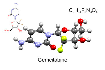 Chemical formula, skeletal formula, and 3D ball-and-stick model of chemotherapeutic drug gemcitabine, white background