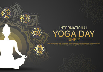 International yoga day banner or poster template design with seven chakras. Woman doing yoga pose, vector illustration.