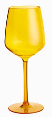 Yellow plastic cup like wine glass transparent isolated on white background. unbreakable glass. cup...