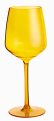 Yellow plastic cup like wine glass transparent isolated on white background. unbreakable glass. cup with tall pedestal.