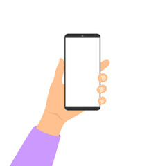 Female hand holding a black phone with a white empty screen