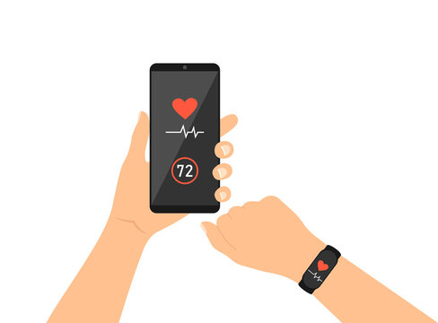 Monitoring heart rate with a fitness bracelet and a phone app. Hands with phone and fitness tracker on a white background