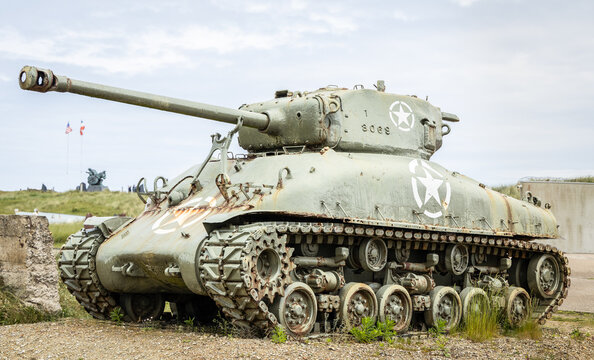 Utah beach, France - may 23, 2022: Sherman M4 tank in the Utah beach WW2 museum.