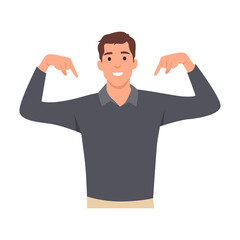 Fototapeta premium Young man cartoon High self esteem concept. Proud young man pointing at himself with both hands, confident, successful. Flat vector illustration isolated on white background