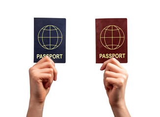 Multiple, dual nationality. Hands with two passports isolated on white background. Change of...
