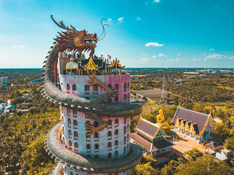 Aerial view of Wat Sam Phran the Dragon temple in Nakhon Pathom, Thailand