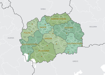 Detailed map of North Macedonia with administrative divisions into statistical regions and Municipalities, major cities of the country, vector illustration onwhite background
