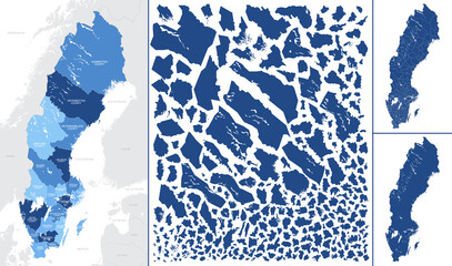 Detailed vector blue map of Sweden with administrative divisions into Regions and Municipalities of the country