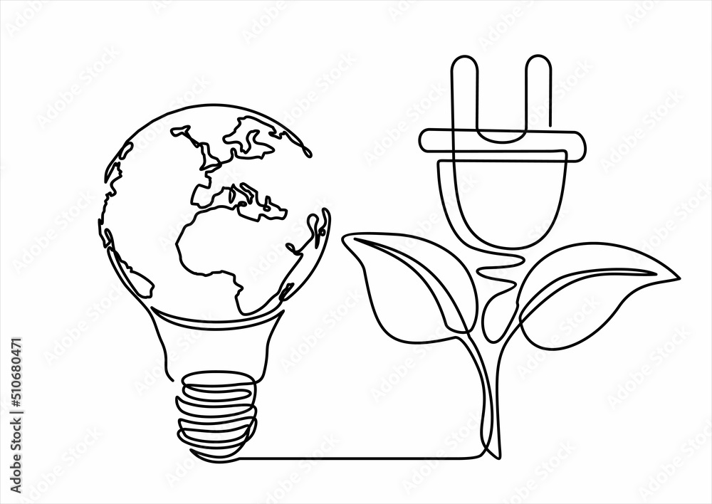 Poster earth globe inside lightbulb with power plug in one continuous line drawing. vector concept of eco i