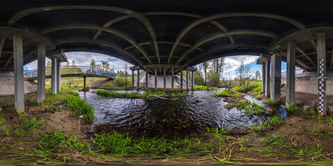 full  hdri 360 panorama under concrete bridge with columns across small river in seamless spherical equirectangular projection. VR  AR content