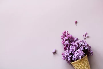 Foto op Plexiglas purple lilac in a waffle cone for ice cream, top view. © MaskaRad