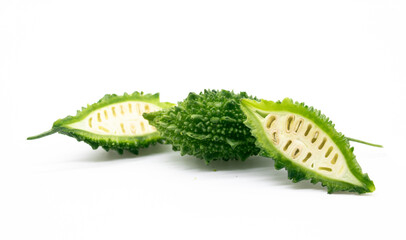 Naklejka premium green Bitter melon or Bitter gourd slices isolated on white background