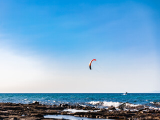 Kitesurfing on Cyprus. Seascape at sunny summer