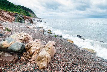 The scenic shoreline of Nova Scotia rocky beach., stormy weather, Cape Breton