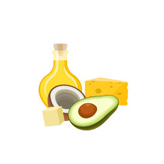 Set of fats food in vector cartoon style. Oil, avocado, coconut, butter cheese. Vector illustration of food high in fats. Composition of healthy fats. 