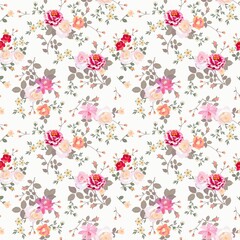 Seamless natural fabric print with lovely bouquets of roses, zinnias, cinquefoil, freely arranged on a white background in vector. Romantic pattern for curtains, clothes, bed linen.