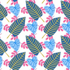 Seamless pattern with tropical leaves on a white background in vector. Floral ornament for print on fabric, wallpaper.