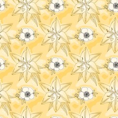 A repeating pattern with outlined lily and cinquefoil flowers on a sandy yellow background. Great seamless natural print for fabric. Botanical pattern in vector. - obrazy, fototapety, plakaty