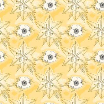 A repeating pattern with outlined lily and cinquefoil flowers on a sandy yellow background. Great seamless natural print for fabric. Botanical pattern in vector.