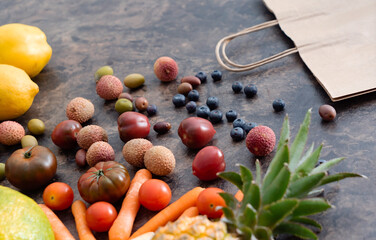fresh fruits and vegetables on the stone table. zero waste concept